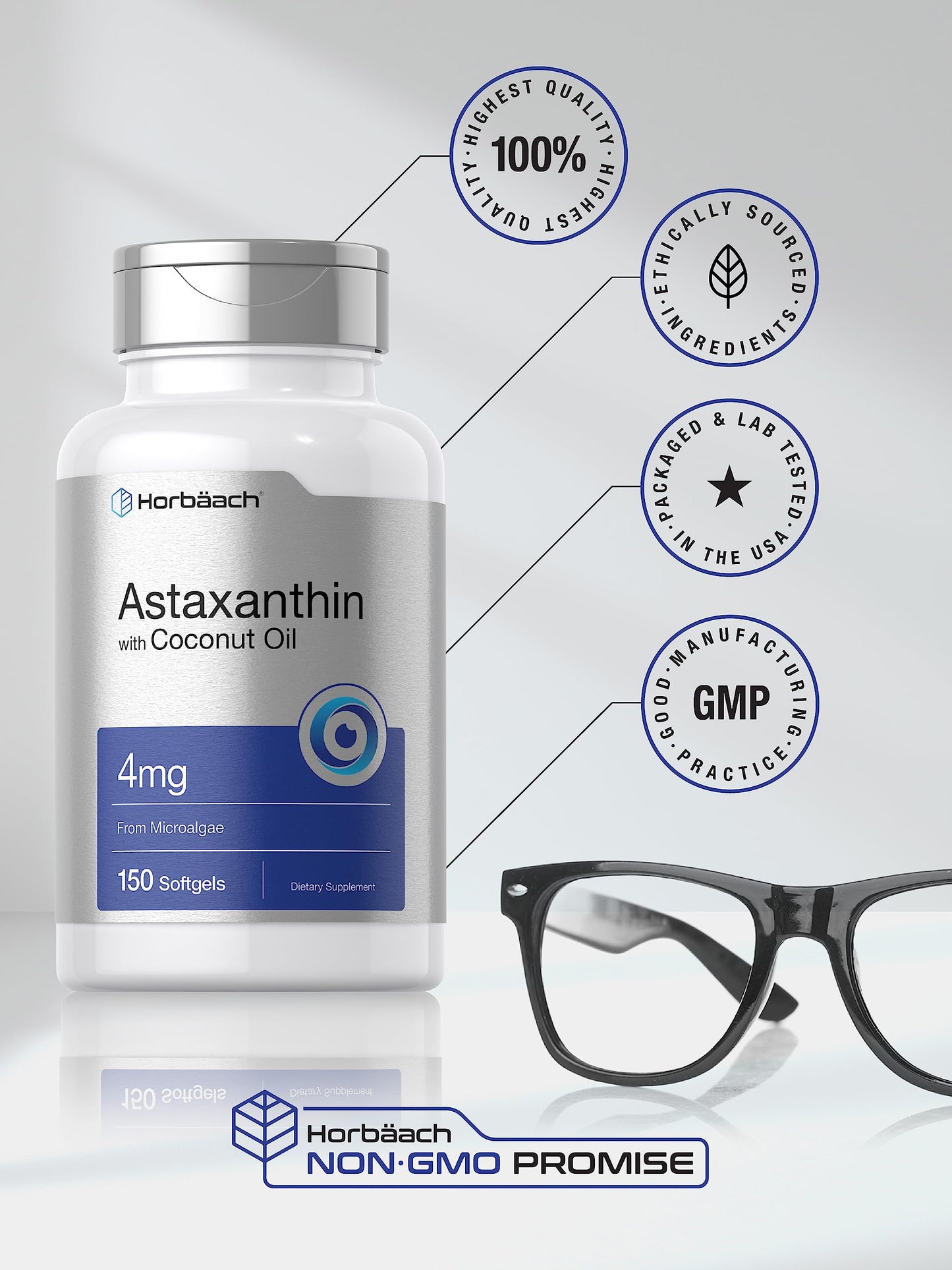 Horbäach Astaxanthin 4mg – 150 Softgels | Microalgae-Derived with Coconut Oil | Non-GMO, Gluten & Soy Free