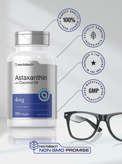 Horbäach Astaxanthin 4mg – 150 Softgels | Microalgae-Derived with Coconut Oil | Non-GMO, Gluten & Soy Free