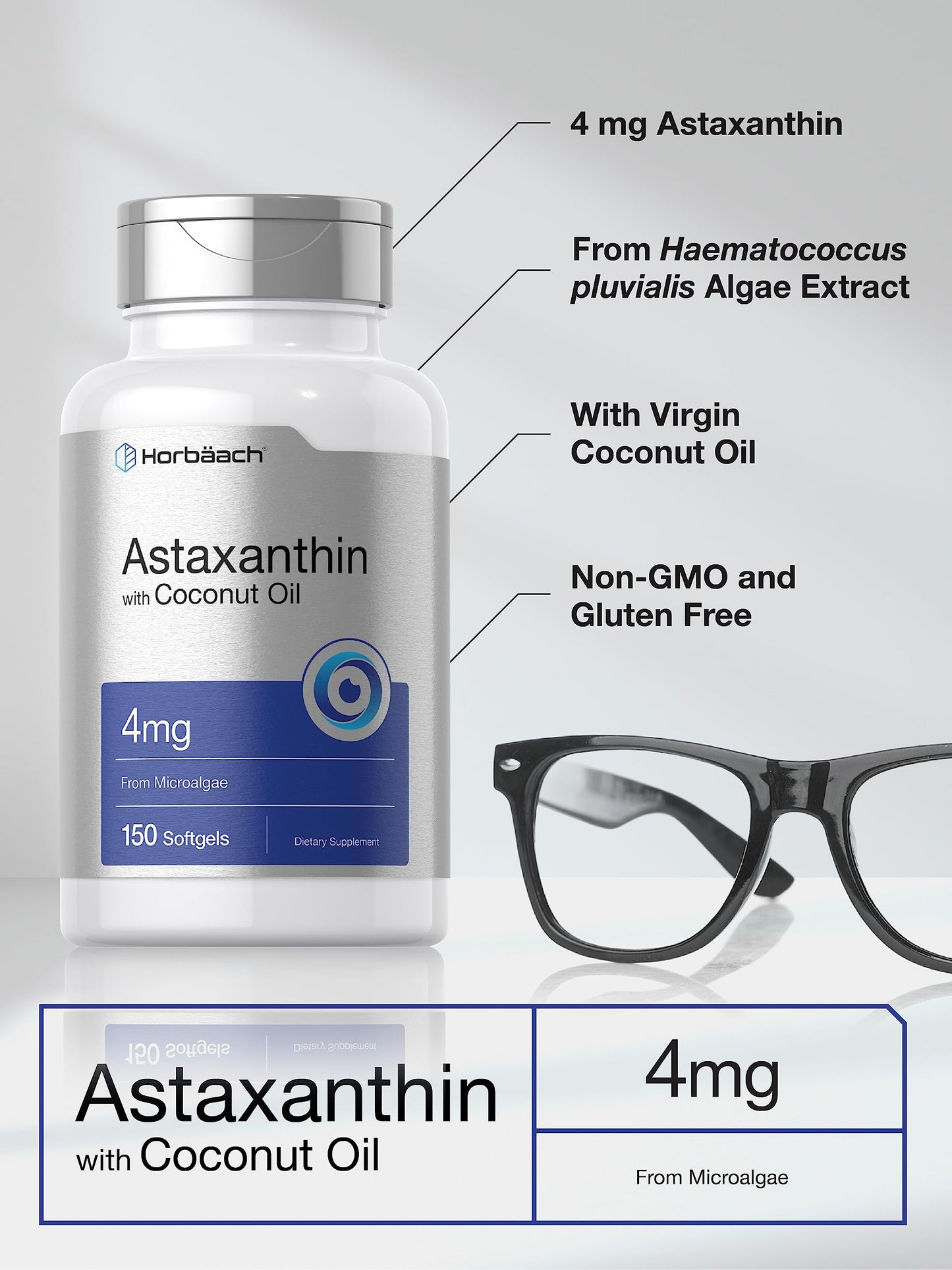 Horbäach Astaxanthin 4mg – 150 Softgels | Microalgae-Derived with Coconut Oil | Non-GMO, Gluten & Soy Free
