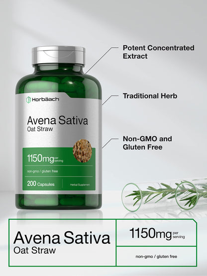 Horbäach Avena Sativa Extract 1150 mg - 200 Capsules | Oat Straw | Non-GMO, Gluten Free
