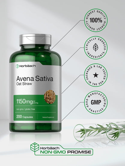 Horbäach Avena Sativa Extract 1150 mg - 200 Capsules | Oat Straw | Non-GMO, Gluten Free