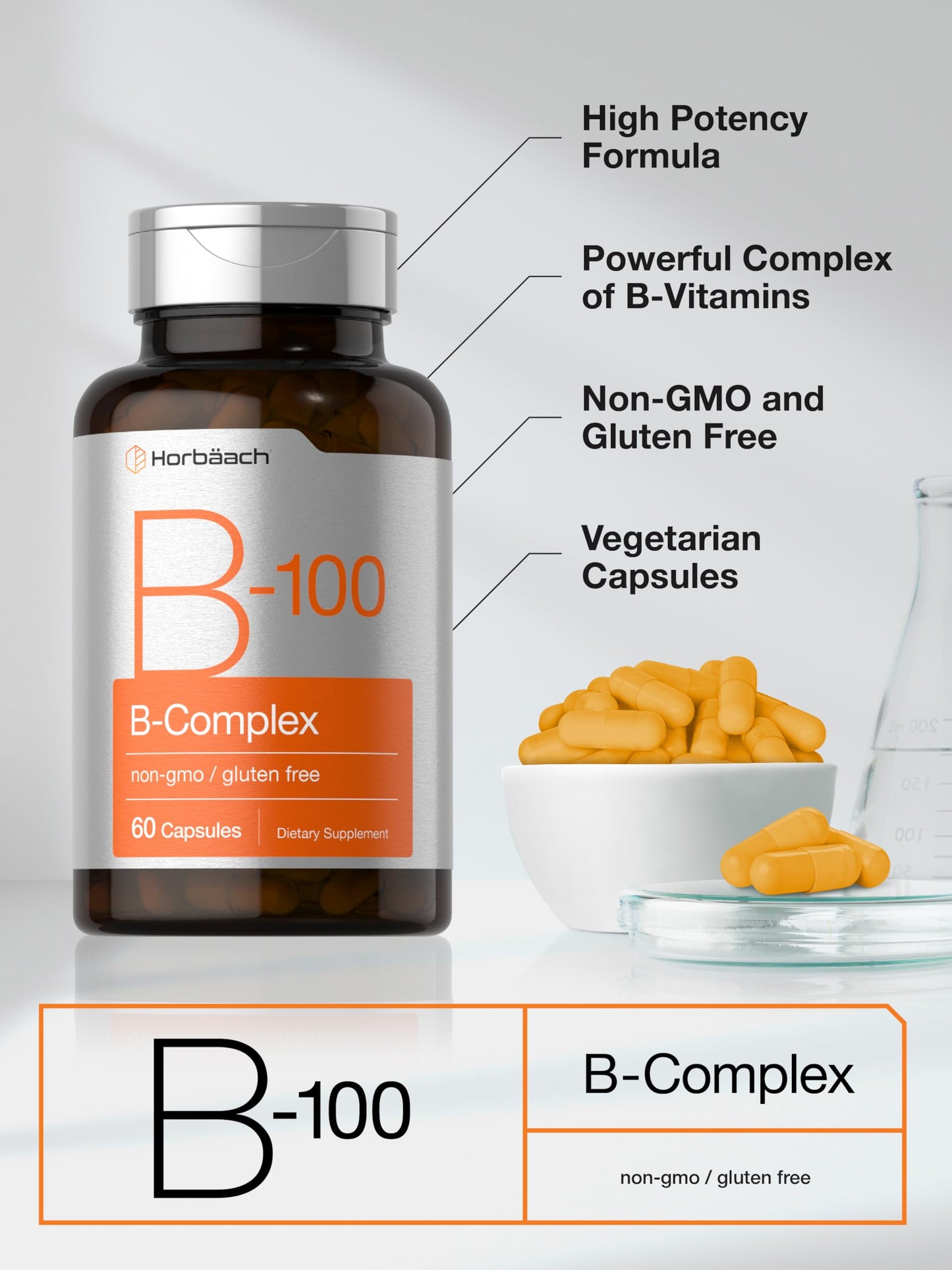 Horbäach B-100 Complex Vitamin – 60 Capsules | Non-GMO & Gluten Free