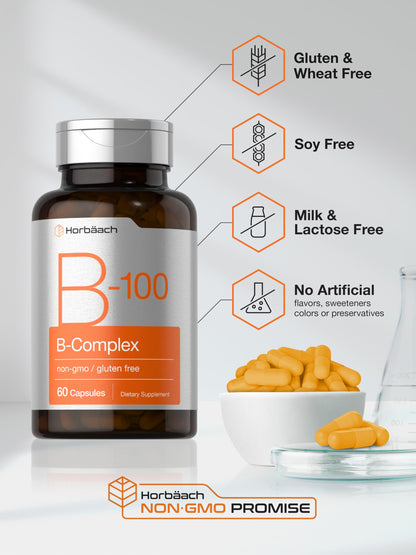 Horbäach B-100 Complex Vitamin – 60 Capsules | Non-GMO & Gluten Free