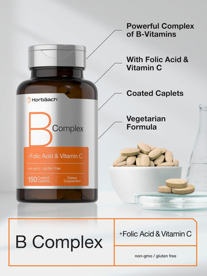Horbaach B Complex Vitamins for Women & Men – 150 Caplets | Non-GMO & Gluten Free
