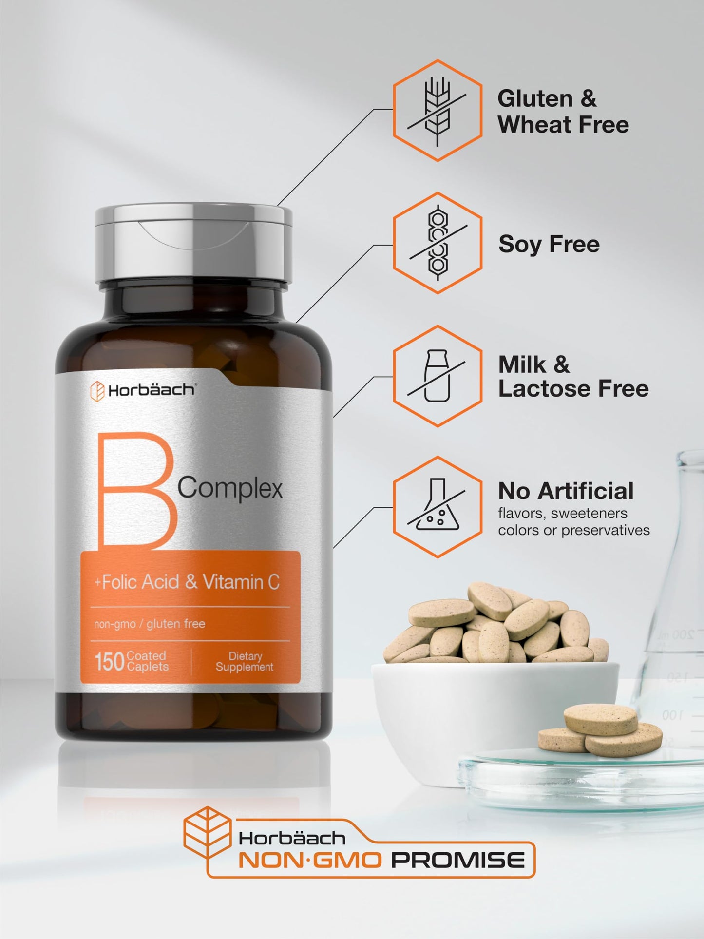 Horbaach B Complex Vitamins for Women & Men – 150 Caplets | Non-GMO & Gluten Free