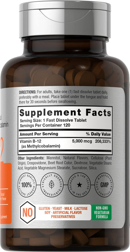 Horbäach B12 5000 mcg – Sublingual Tablets, 120 Count, Vegetarian, Non-GMO, Gluten Free (Pack of 2)