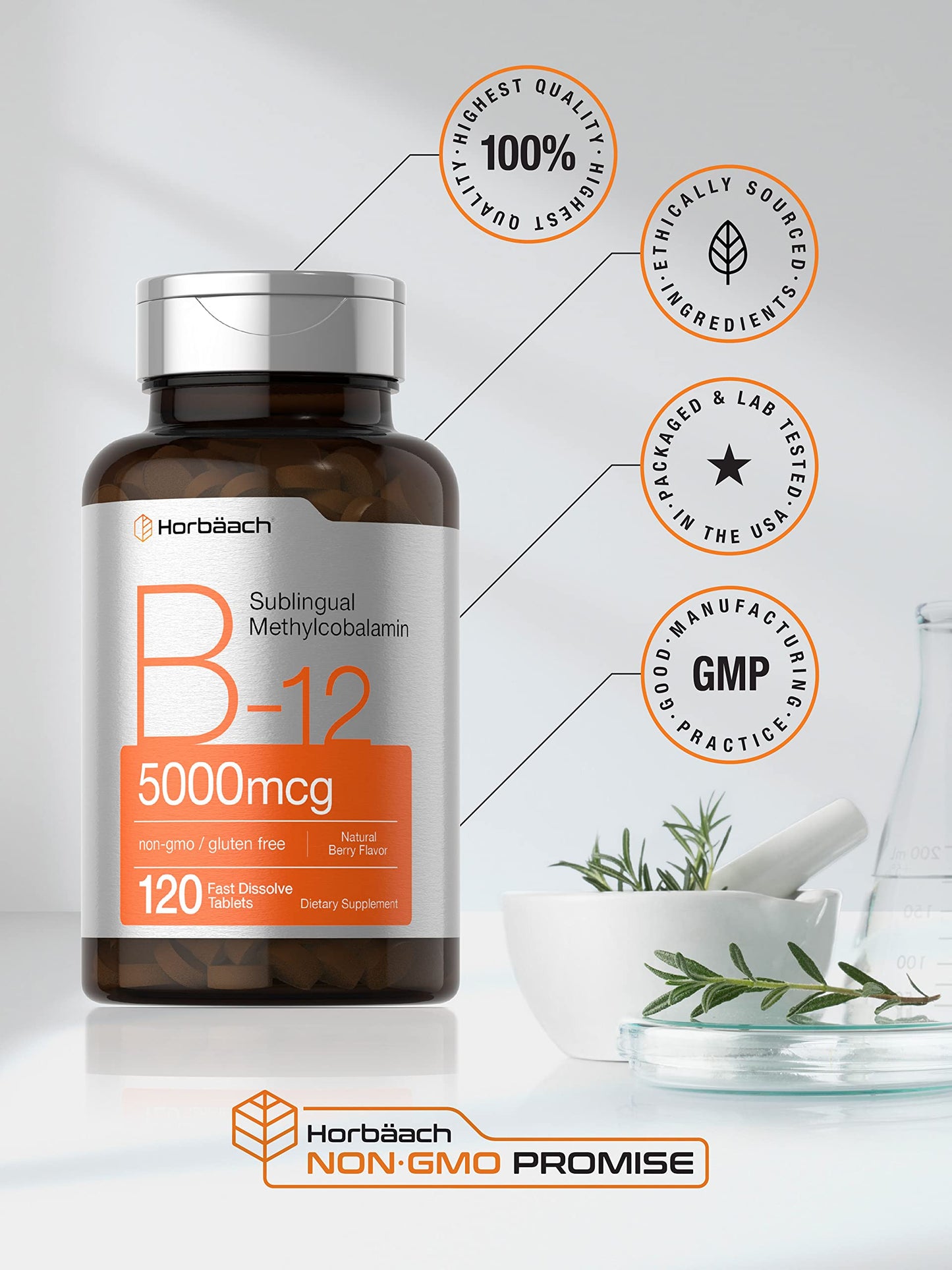 Horbäach B12 5000 mcg – Sublingual Tablets, 120 Count, Vegetarian, Non-GMO, Gluten Free (Pack of 2)