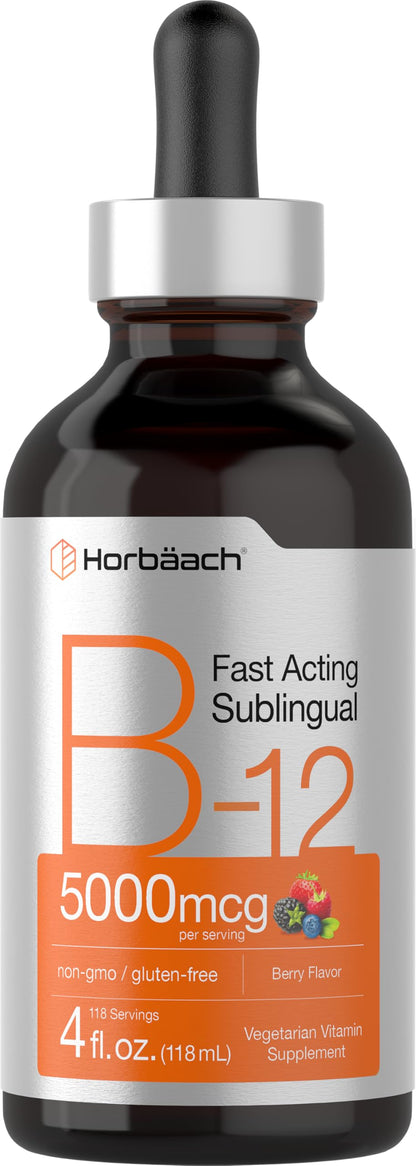 Horbaach B12 Vitamin 5000 mcg Sublingual Berry Flavor | 4 Fl Oz | Methylcobalamin & Cyanocobalamin | Non-GMO & Gluten Free