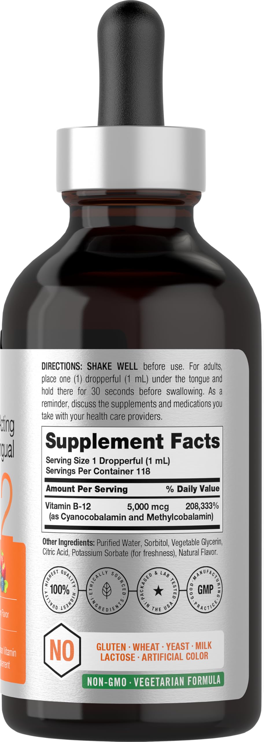 Horbaach B12 Vitamin 5000 mcg Sublingual Berry Flavor | 4 Fl Oz | Methylcobalamin & Cyanocobalamin | Non-GMO & Gluten Free