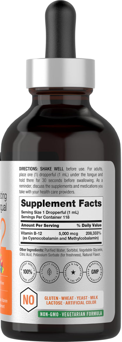 Horbaach B12 Vitamin 5000 mcg Sublingual Berry Flavor | 4 Fl Oz | Methylcobalamin & Cyanocobalamin | Non-GMO & Gluten Free