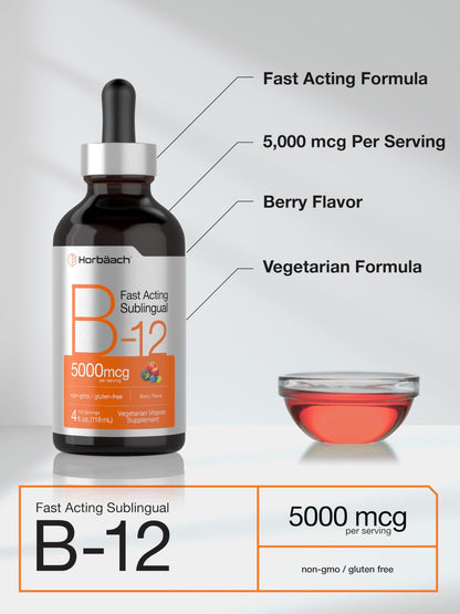 Horbaach B12 Vitamin 5000 mcg Sublingual Berry Flavor | 4 Fl Oz | Methylcobalamin & Cyanocobalamin | Non-GMO & Gluten Free