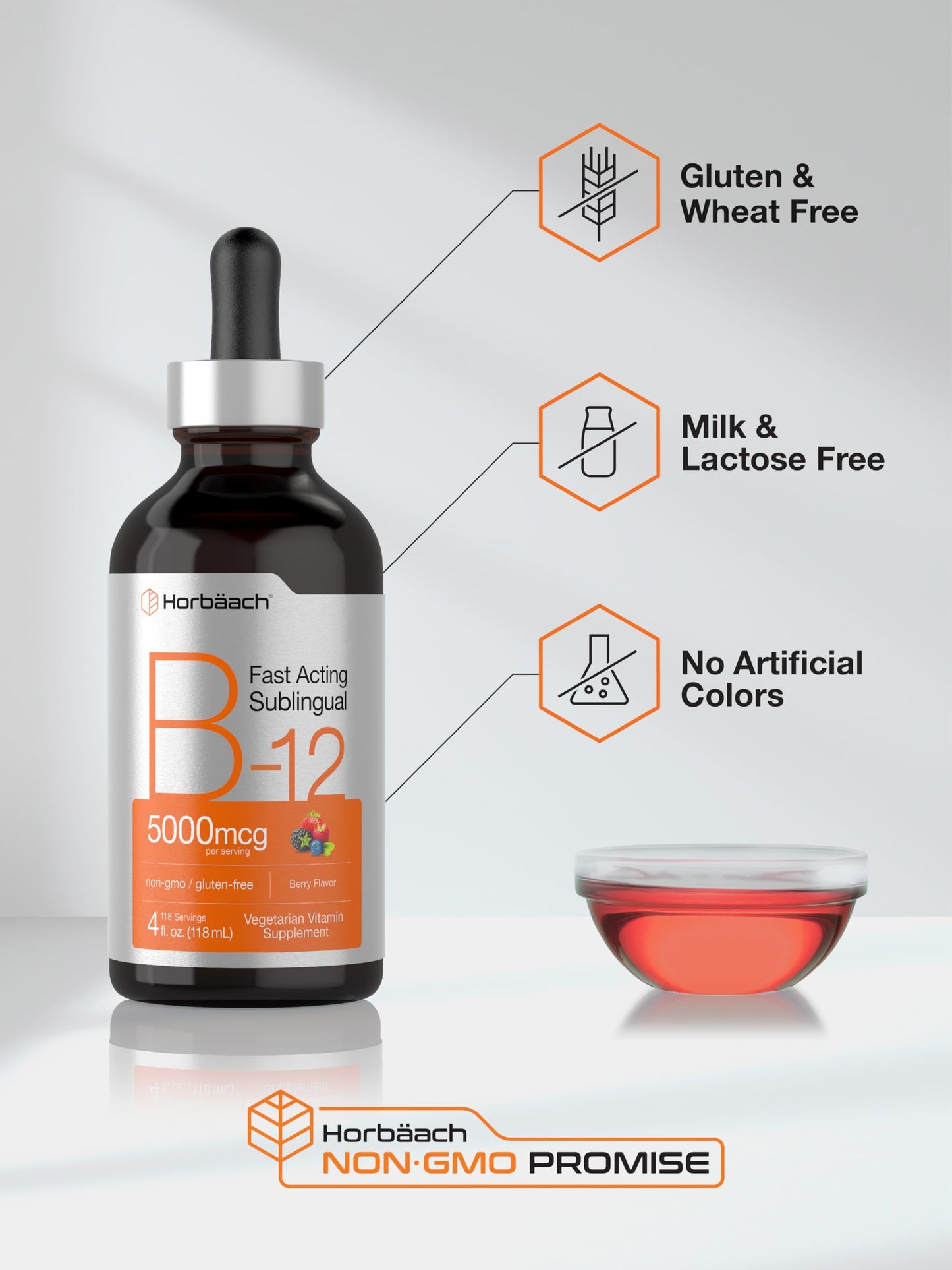 Horbaach B12 Vitamin 5000 mcg Sublingual Berry Flavor | 4 Fl Oz | Methylcobalamin & Cyanocobalamin | Non-GMO & Gluten Free