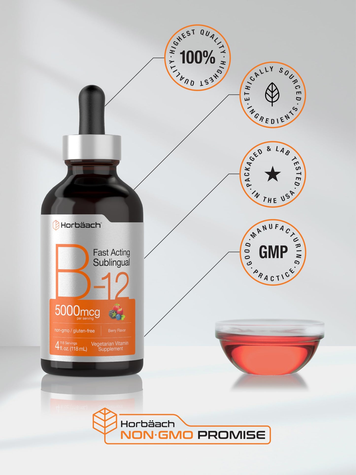 Horbaach B12 Vitamin 5000 mcg Sublingual Berry Flavor | 4 Fl Oz | Methylcobalamin & Cyanocobalamin | Non-GMO & Gluten Free
