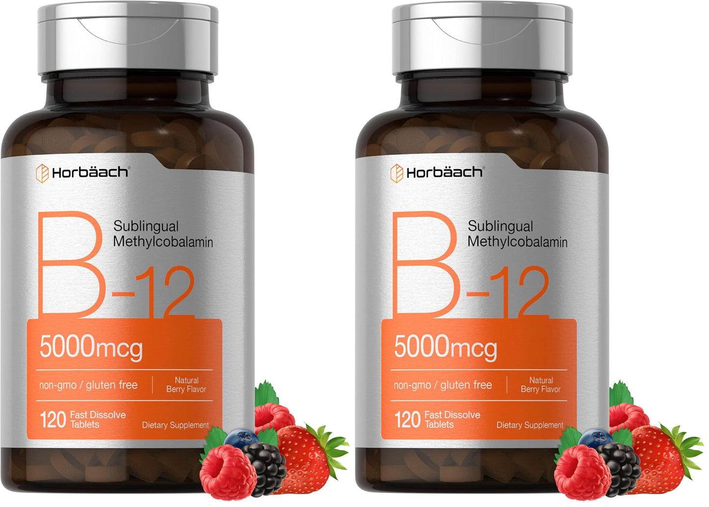 Horbäach B12 5000 mcg – Sublingual Tablets, 120 Count, Vegetarian, Non-GMO, Gluten Free (Pack of 2)