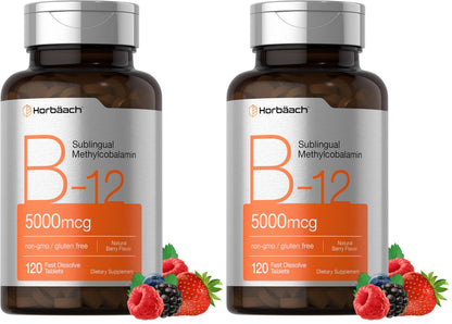 Horbäach B12 5000 mcg – Sublingual Tablets, 120 Count, Vegetarian, Non-GMO, Gluten Free (Pack of 2)