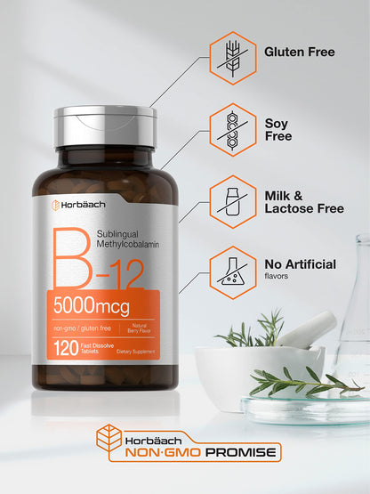 Horbäach B12 5000 mcg – 120 Fast Dissolve Sublingual Tablets (Vegetarian, Non-GMO, Gluten Free)