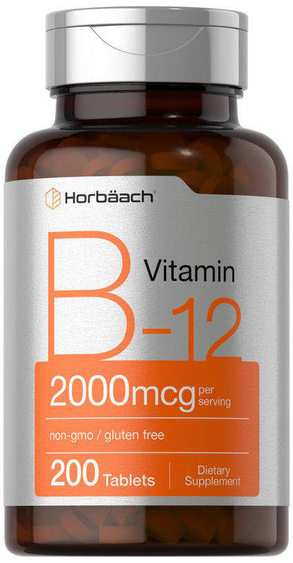 Horbäach B12 Vitamin 2000 mcg – 200 Tablets | Vegetarian, Non-GMO, Gluten Free