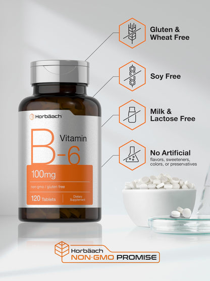 Horbaach Vitamin B6 100mg | 120 Vegetarian Tablets | Non-GMO & Gluten Free