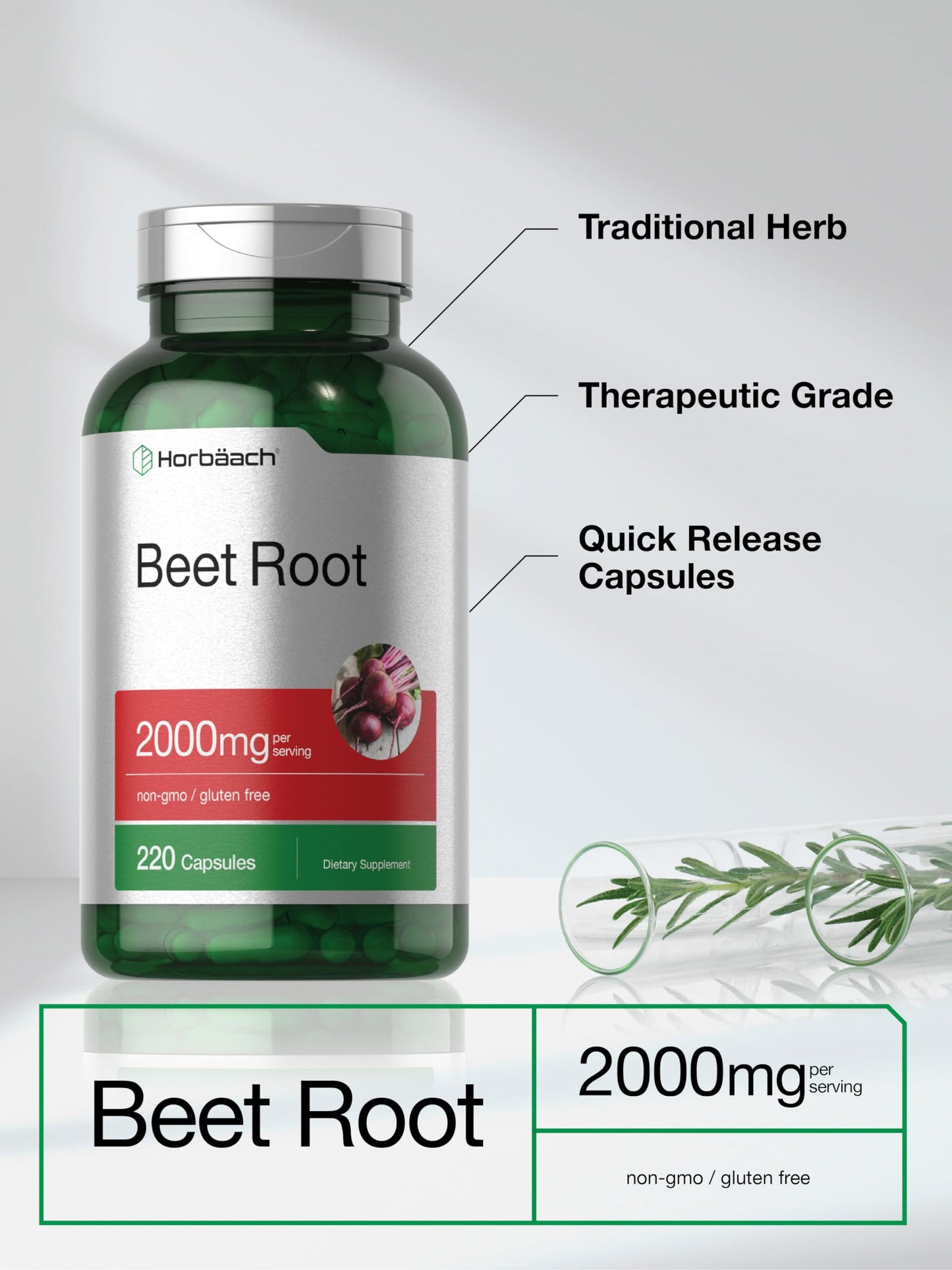 Horbäach Beet Root Powder Capsules – 220 Pills, Gluten Free, Non-GMO