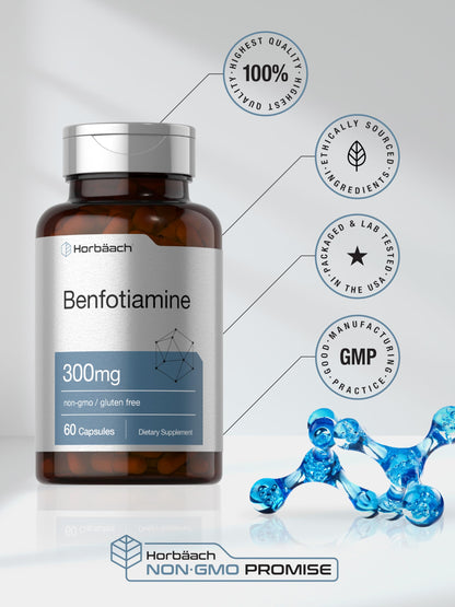 Horbaach Benfotiamine 300mg | 60 Capsules | Vitamin B1 Thiamine | Non-GMO & Gluten Free Supplement