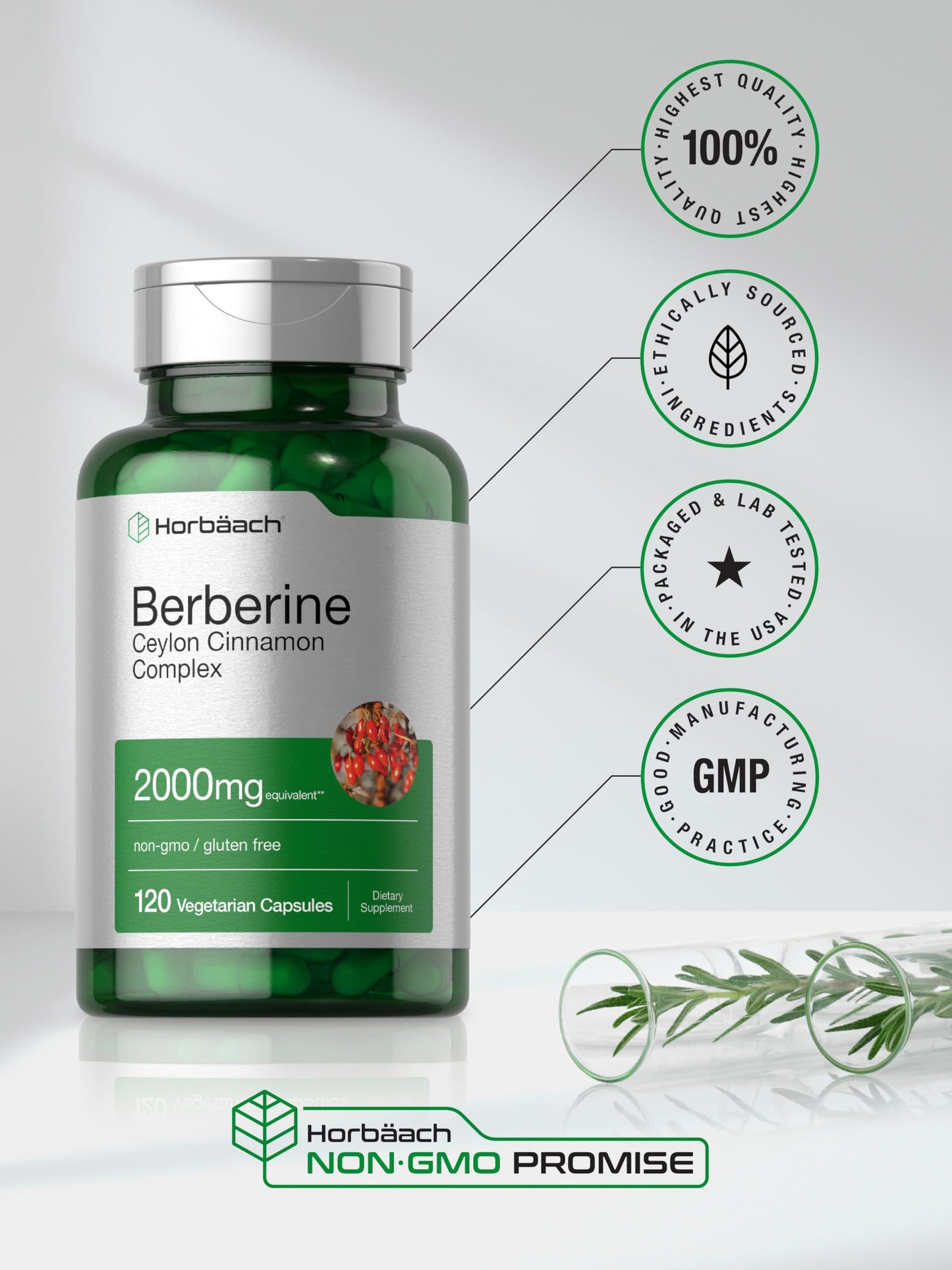 Horbäach Berberine with Ceylon Cinnamon | 2000mg | 120 Veggie Capsules | Vegetarian, Non-GMO & Gluten Free Supplement | Berberine Complex