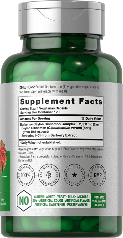 Horbäach Berberine with Ceylon Cinnamon | 2000mg | 120 Veggie Capsules | Vegetarian, Non-GMO & Gluten Free Supplement | Berberine Complex