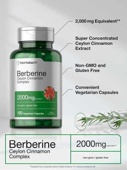 Horbäach Berberine with Ceylon Cinnamon | 2000mg | 120 Veggie Capsules | Vegetarian, Non-GMO & Gluten Free Supplement | Berberine Complex