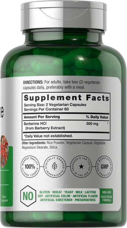 Horbaach Berberine HCL 500mg - 120 Capsules | Barberry Extract | Therapeutic Grade - Vegetarian, Non-GMO, Gluten Free