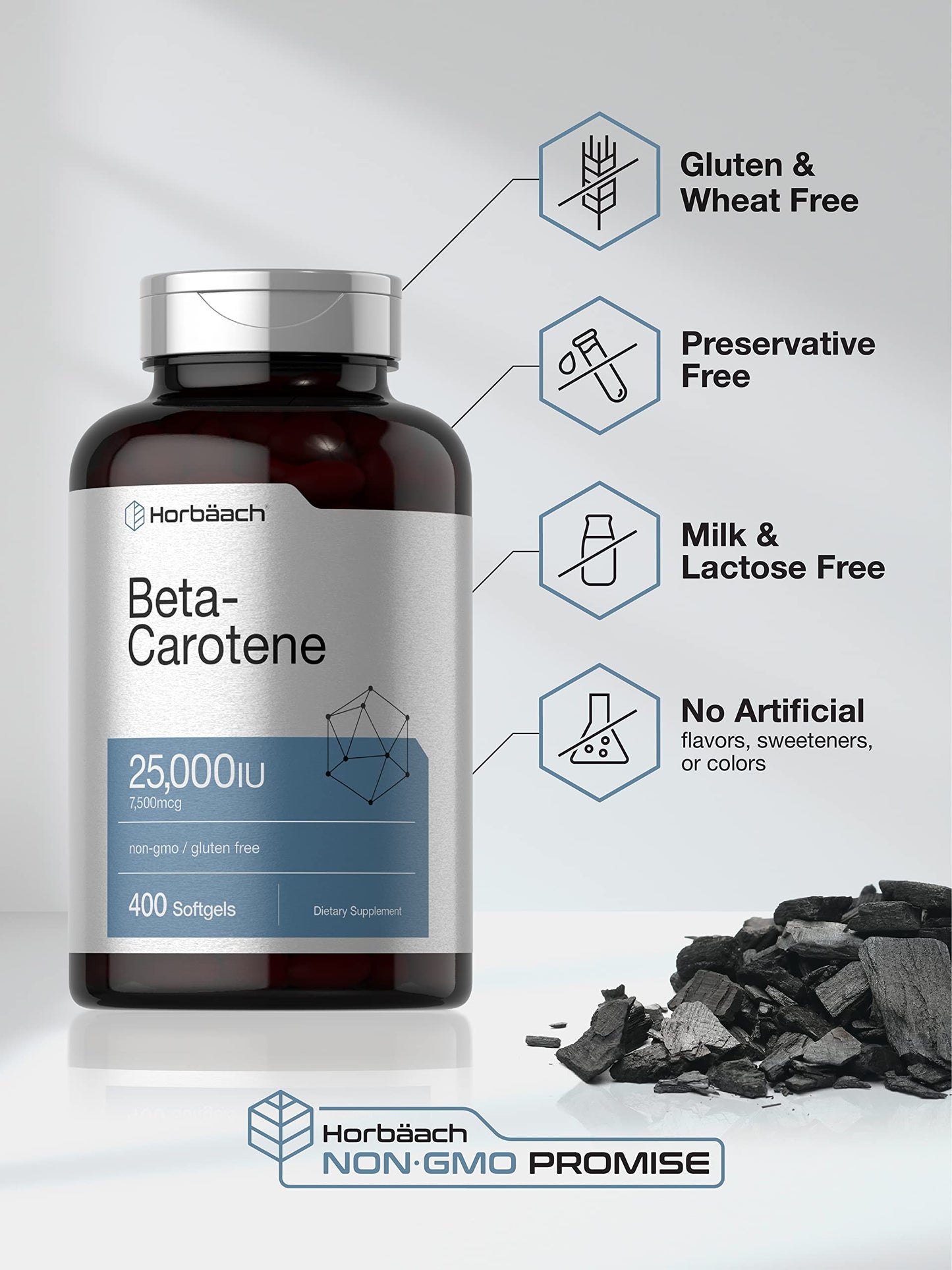 Horbäach Beta Carotene Softgels 25,000 IU | Vitamin A 7,500 mcg | 400 Count | Non-GMO & Gluten Free