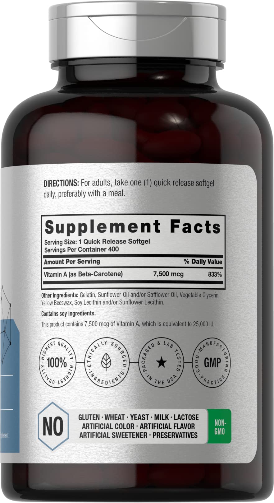 Horbäach Beta Carotene Softgels 25,000 IU | Vitamin A 7,500 mcg | 400 Count | Non-GMO & Gluten Free