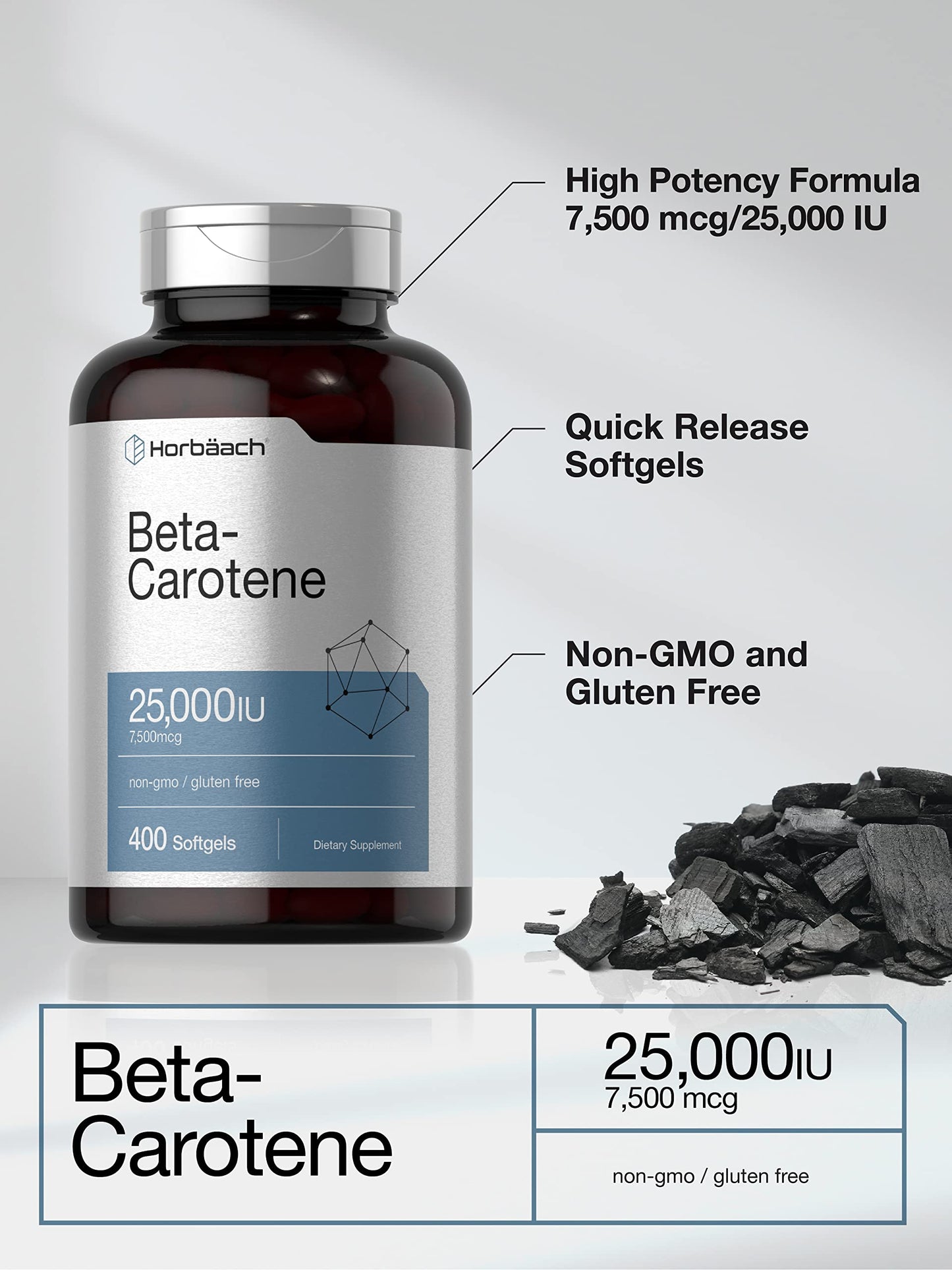 Horbäach Beta Carotene Softgels 25,000 IU | Vitamin A 7,500 mcg | 400 Count | Non-GMO & Gluten Free