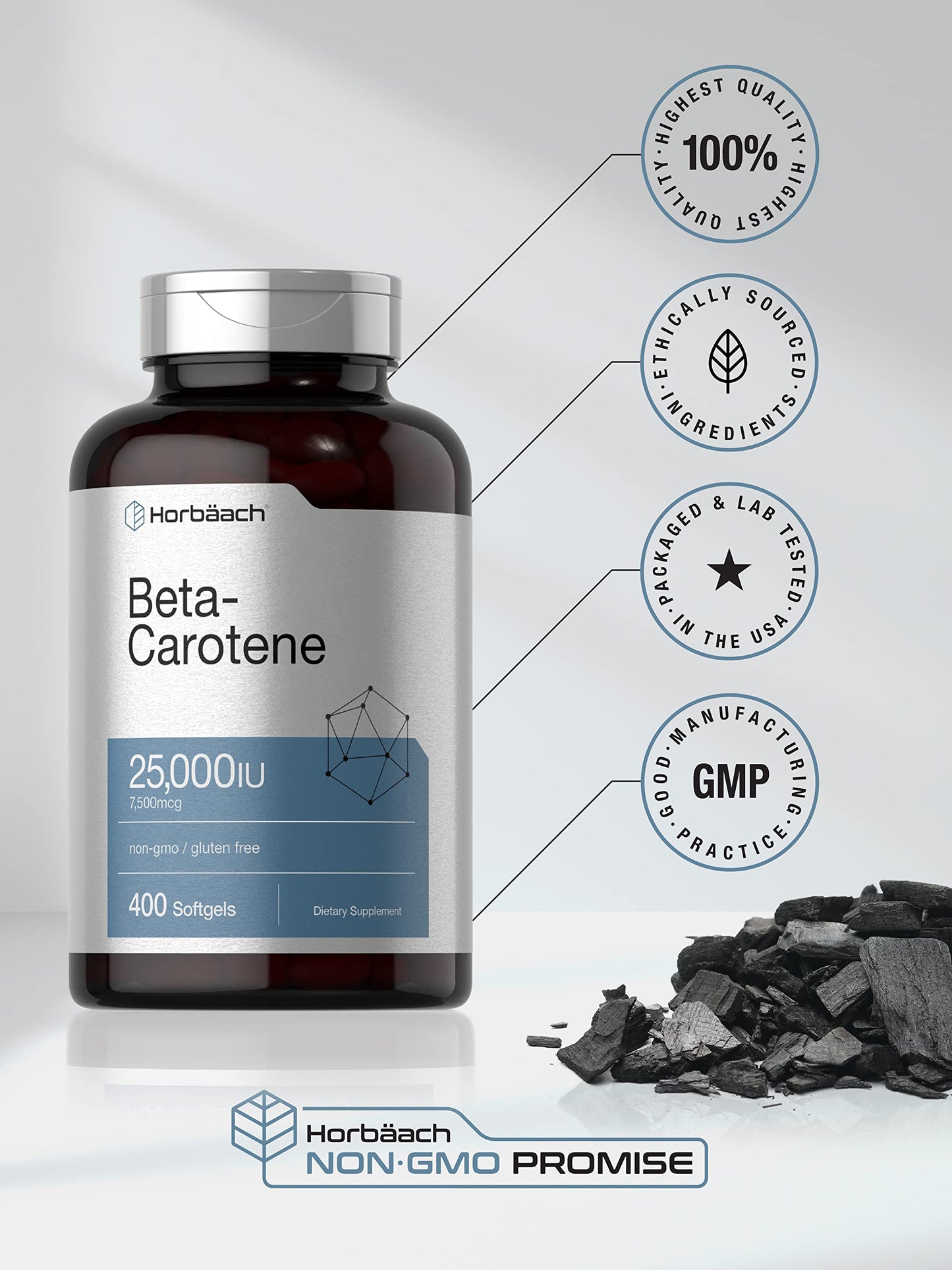 Horbäach Beta Carotene Softgels 25,000 IU | Vitamin A 7,500 mcg | 400 Count | Non-GMO & Gluten Free