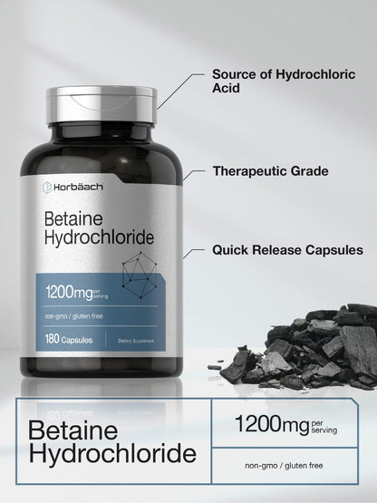 Horbäach Betaine HCl 1200mg – 180 Capsules | Non-GMO, Gluten Free