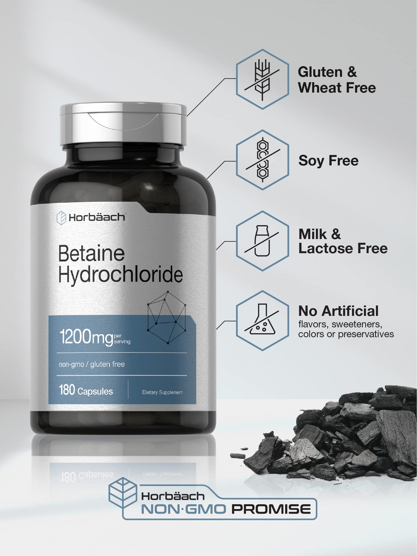 Horbäach Betaine HCl 1200mg – 180 Capsules | Non-GMO, Gluten Free
