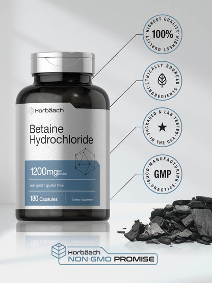 Horbäach Betaine HCl 1200mg – 180 Capsules | Non-GMO, Gluten Free