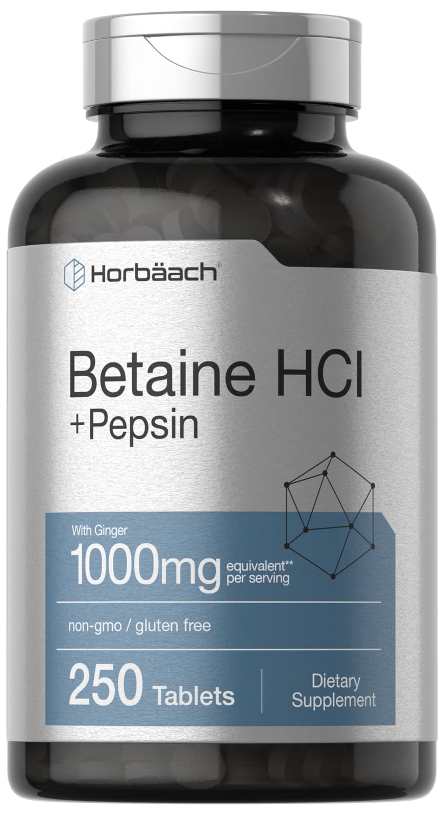 Horbäach Betaine HCl with Pepsin 1000 mg – 250 Tablets | Gluten Free, Non-GMO