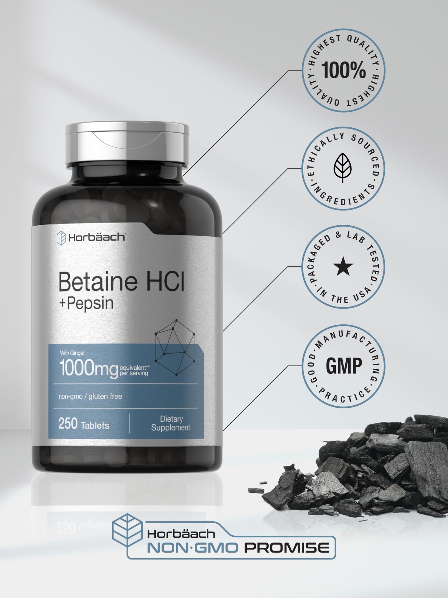 Horbäach Betaine HCl with Pepsin 1000 mg – 250 Tablets | Gluten Free, Non-GMO