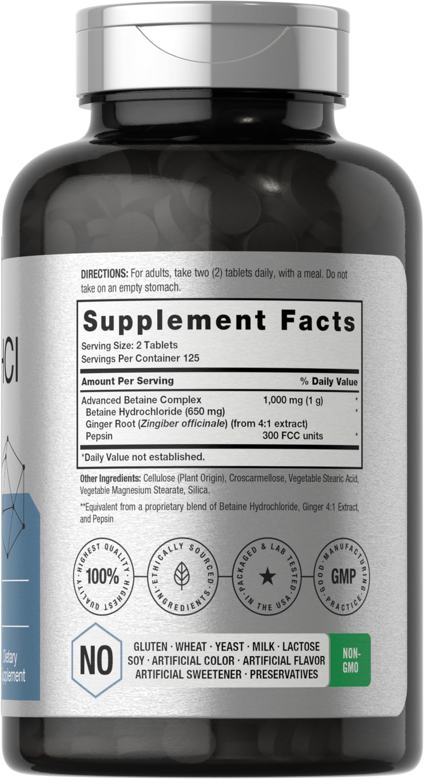 Horbäach Betaine HCl with Pepsin 1000 mg – 250 Tablets | Gluten Free, Non-GMO