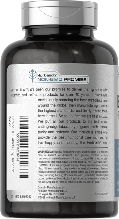 Horbäach Betaine HCl with Pepsin 1000 mg – 250 Tablets | Gluten Free, Non-GMO