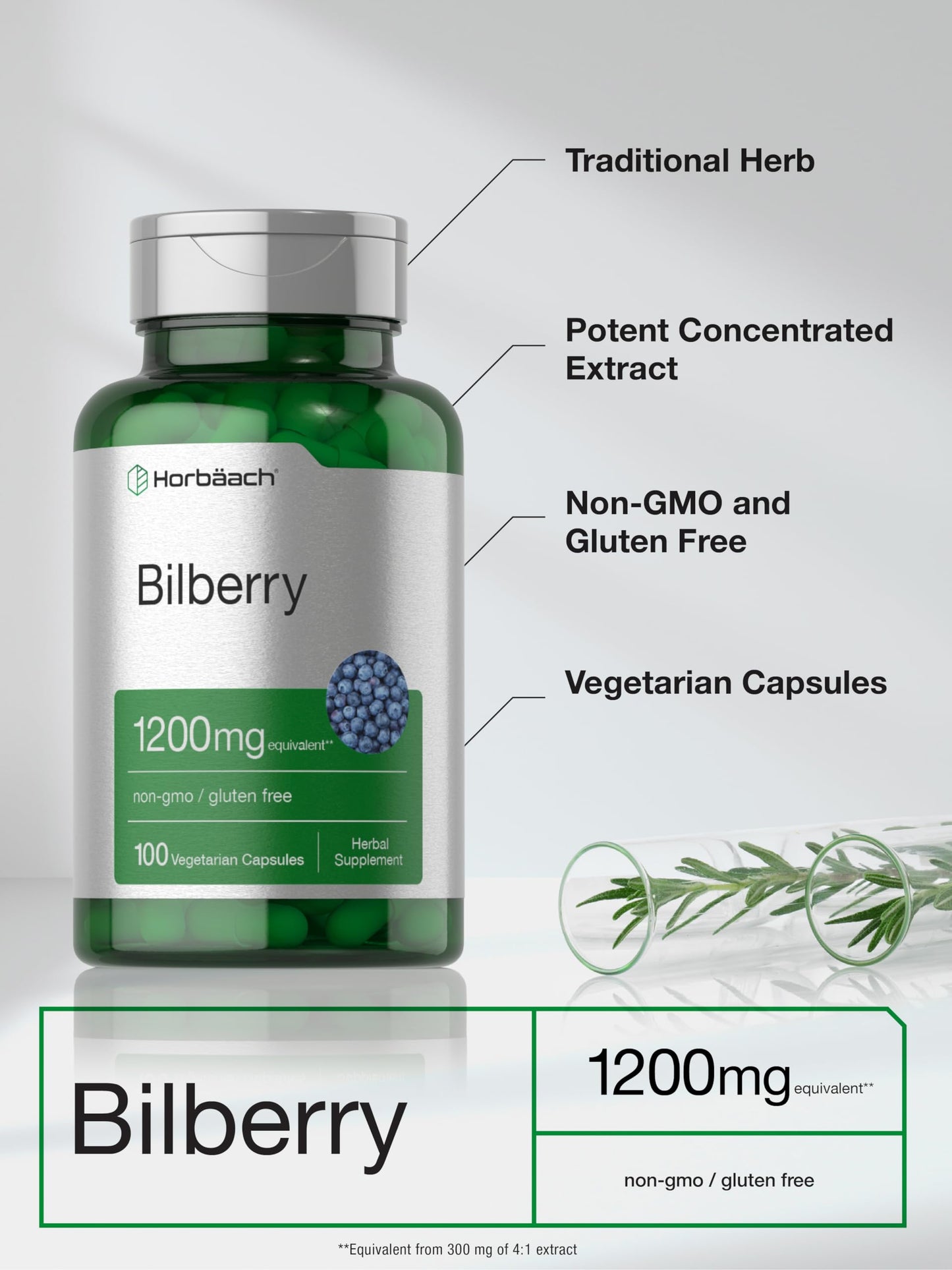 Horbäach Bilberry Extract 1200mg | 100 Vegetarian Capsules | Gluten Free