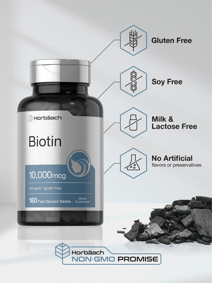 Horbäach Biotin 10000mcg | 180 Fast Dissolve Tablets | for Women & Men | Beauty Supplement | Vegetarian, Non-GMO, Gluten Free
