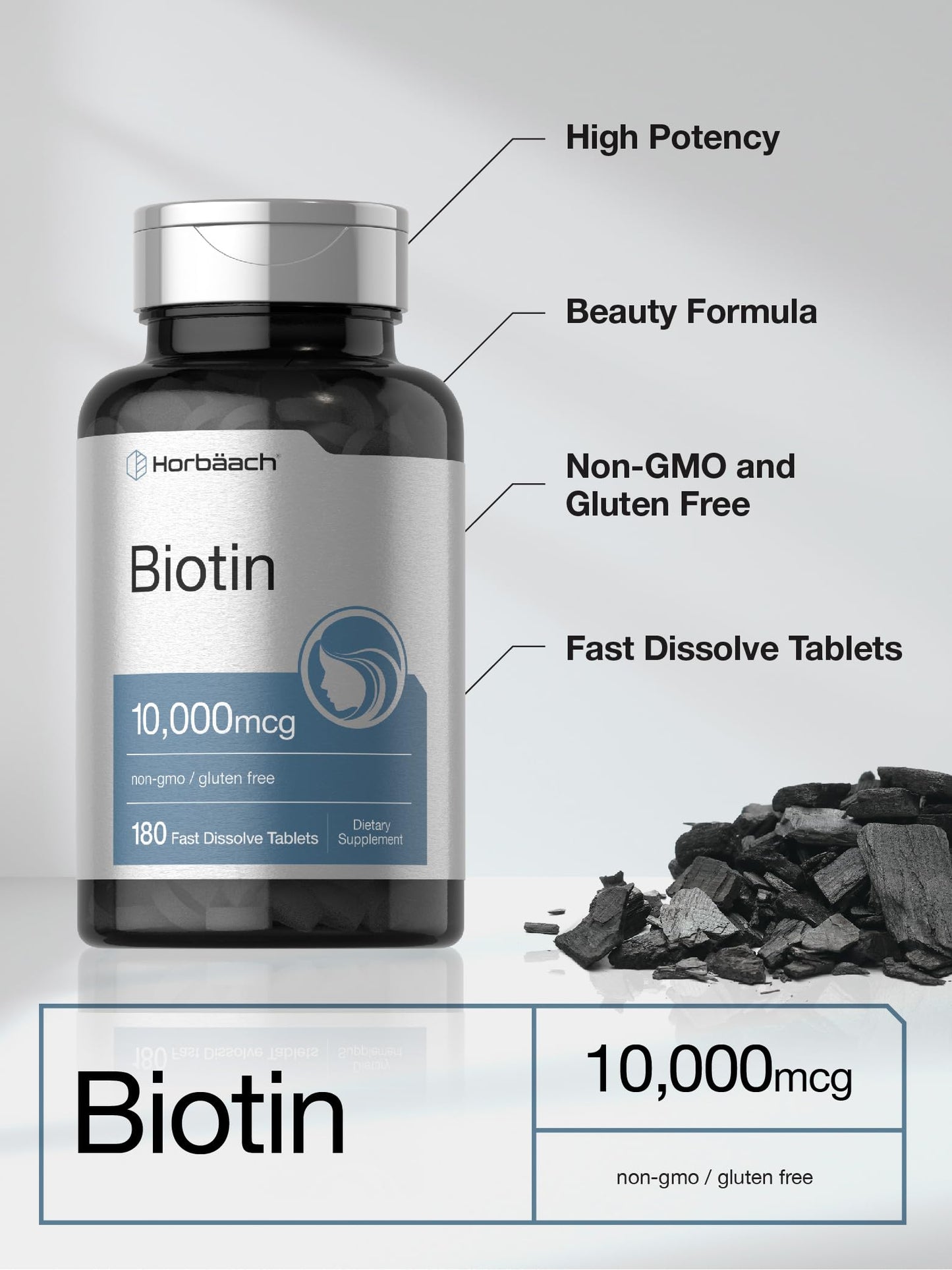 Horbäach Biotin 10000mcg | 180 Fast Dissolve Tablets | for Women & Men | Beauty Supplement | Vegetarian, Non-GMO, Gluten Free