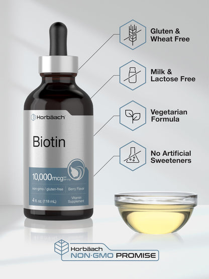 Horbäach Biotin Liquid Drops 10000mcg – Berry Flavor | Vegetarian, Non-GMO, Gluten Free