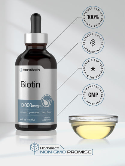 Horbäach Biotin Liquid Drops 10000mcg – Berry Flavor | Vegetarian, Non-GMO, Gluten Free