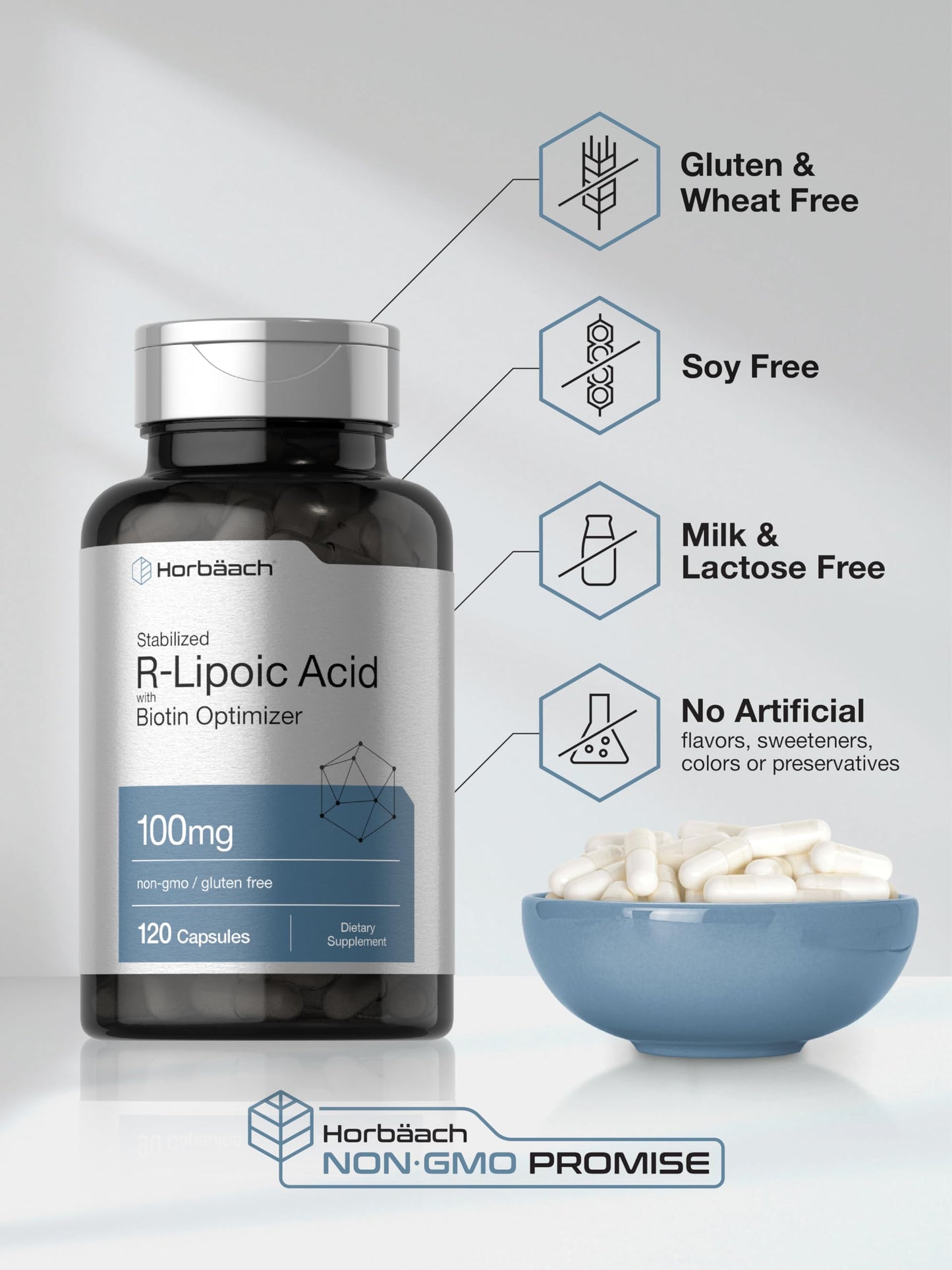 Horbaach R-Lipoic Acid 100 mg | 120 Capsules | with Biotin Optimizer | Non-GMO, Gluten Free | Stabilized R-Lipoic Acid Supplement