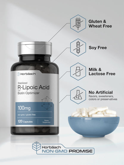 Horbaach R-Lipoic Acid 100 mg | 120 Capsules | with Biotin Optimizer | Non-GMO, Gluten Free | Stabilized R-Lipoic Acid Supplement