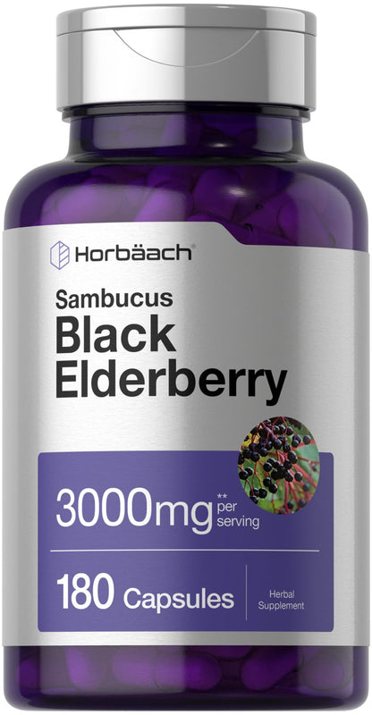 Horbäach Black Elderberry 3000mg Capsules - 180 Count | Non-GMO, Gluten Free Sambucus Extract Supplement