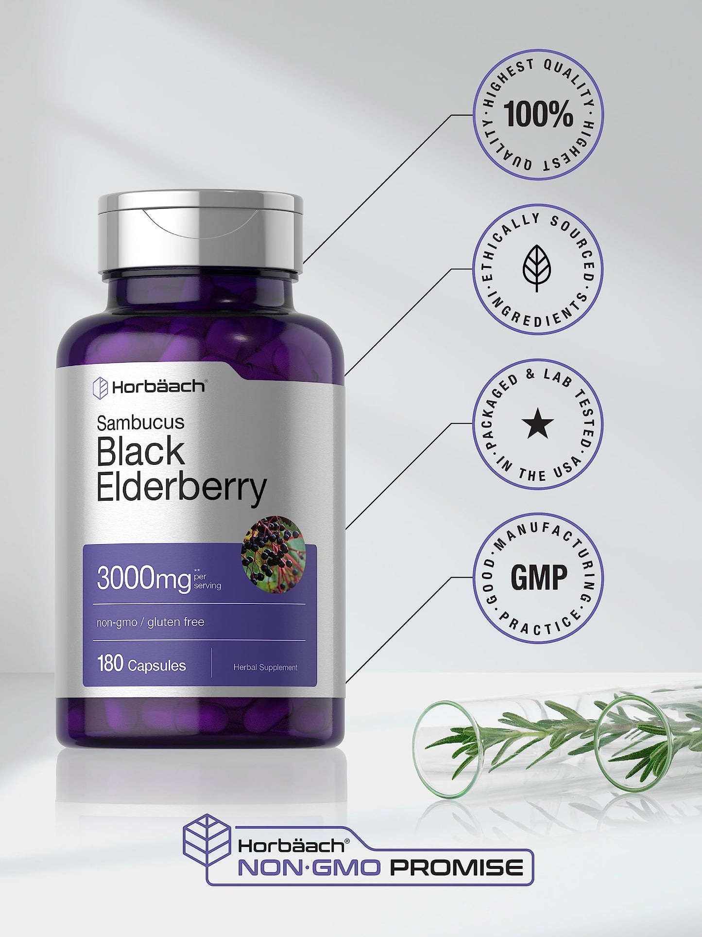 Horbäach Black Elderberry 3000mg Capsules - 180 Count | Non-GMO, Gluten Free Sambucus Extract Supplement