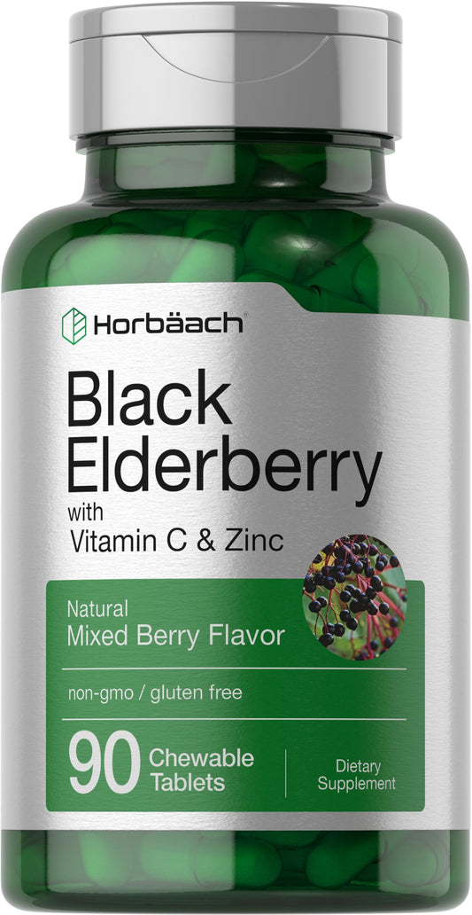 Horbaach Black Elderberry with Vitamin C and Zinc | 90 Chewable Tablets | Mixed Berry Flavor | Immune Support BritishVita | Premium UK Vitamins & Wellness Supplements