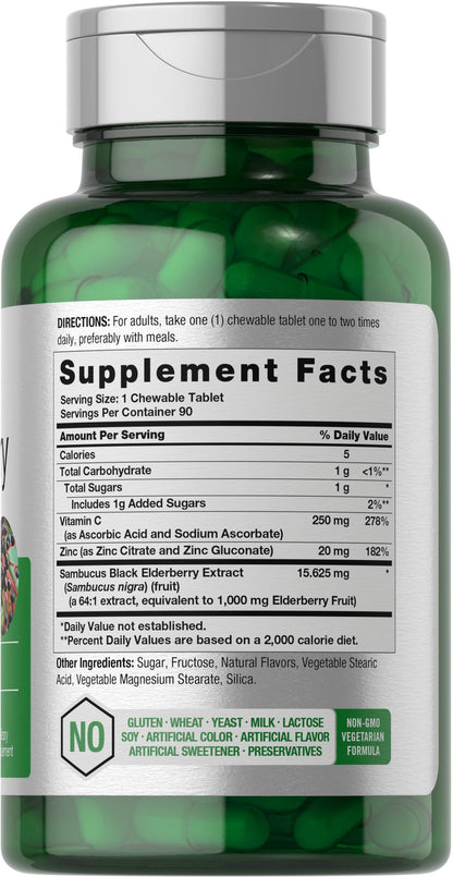 Horbaach Black Elderberry with Vitamin C and Zinc | 90 Chewable Tablets | Mixed Berry Flavor | Immune Support